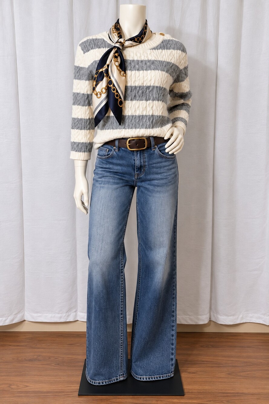 Tommy Hilfiger Gray Cream Striped Cable Knit Cotton Sweater M Preppy